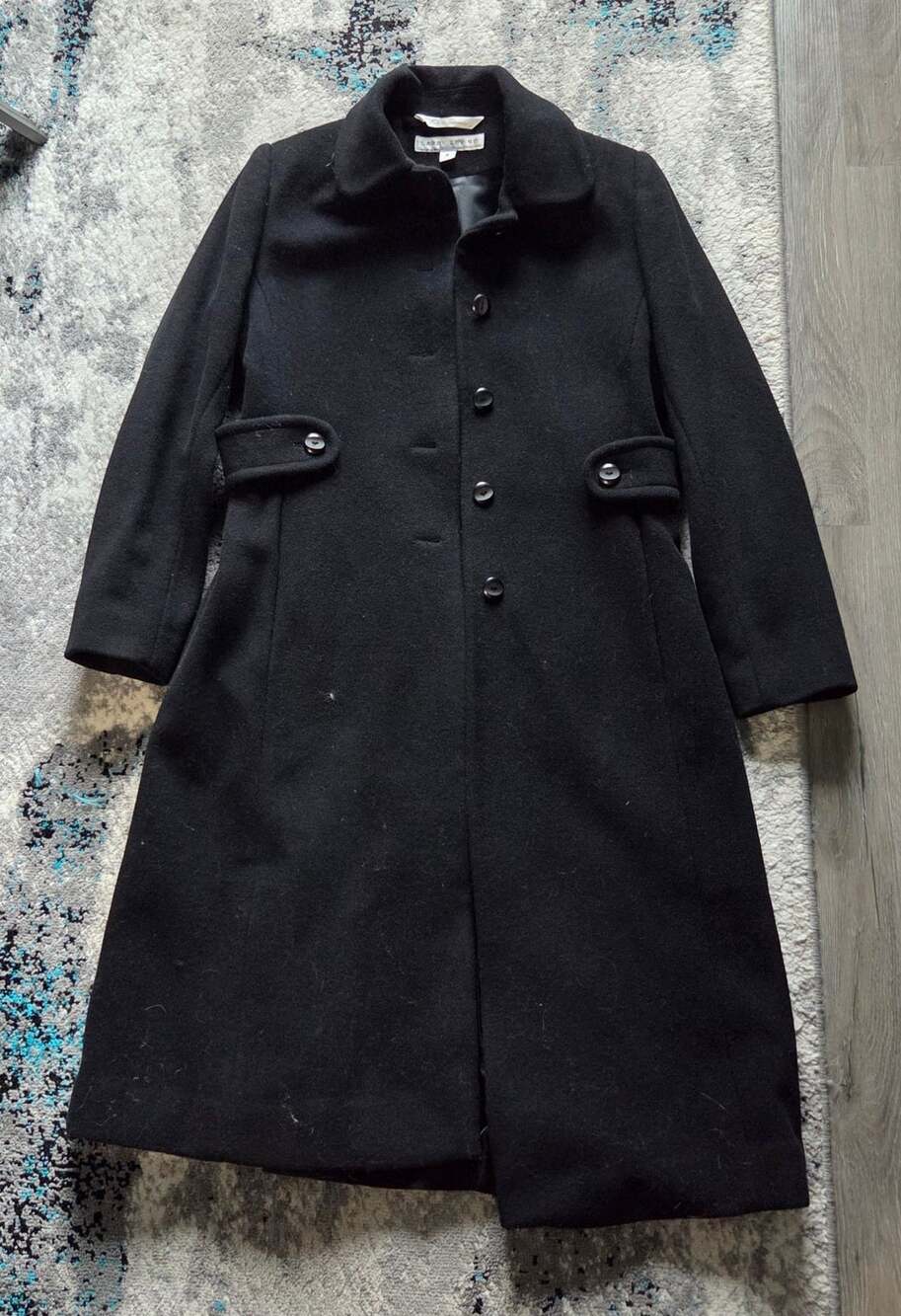 Larry Levine Wool Coat Size 8 Black Merino Long jacket.